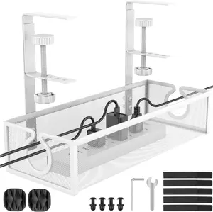 Under Desk  Management Tray, Metal Long Arms(3.9in), No Drill Mesh Wire Management Tray  Box for Office, Desk Wire Organizer with Clamp Mount, 1 Pack, White
