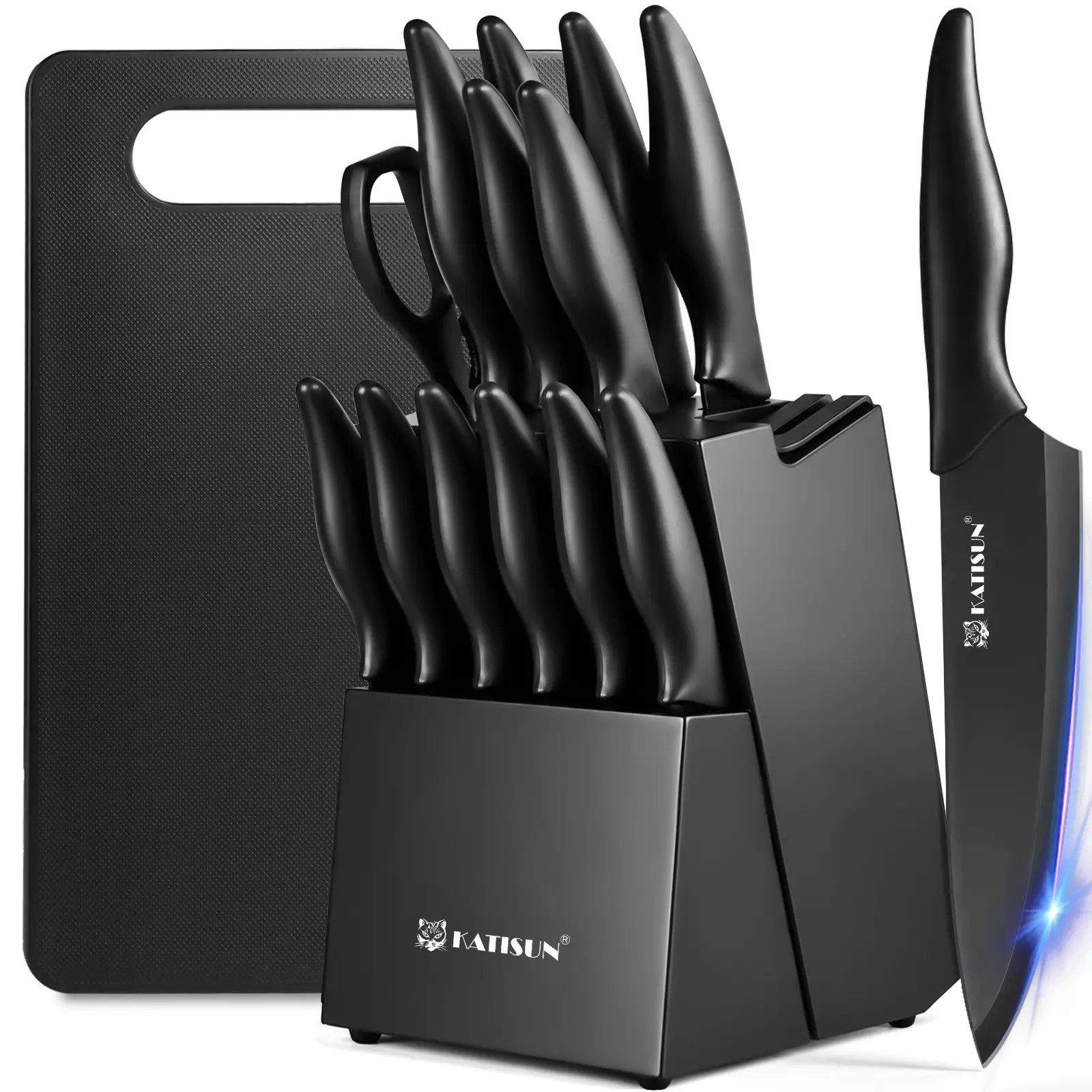 15 Pieces Black Carbon Steel Kitchen Knife Block Set with Cutting Board and Inner Sharpener, and 6 Steak Knives, Dishwasher Safe