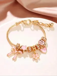Cute bow heart flower charm bracelet, sparkling rhinestone inlaid bangle, trendy versatile exquisite jewelry ideal for women’s and girls’ birthday gifts