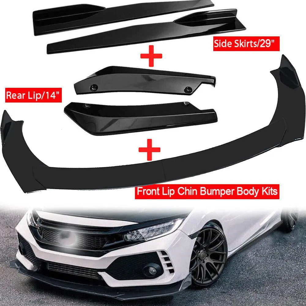 Universal Front Bumper Lip Chin Spoiler PP Front Bumper Lip Sopiler Wing Body Kit+74.5CM Side Skirt Splitter+35CM Rear Bumper Lip Wrap Splitter Canard Glossy Black