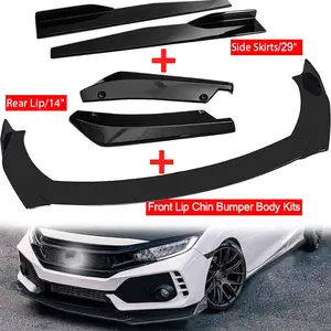 Universal Glossy Black Front Bumper Lip Splitter Chin Spoiler Body Kit+74.5CM Side Skirt Splitter+35CM Rear Bumper Lip Wrap Splitter Canard