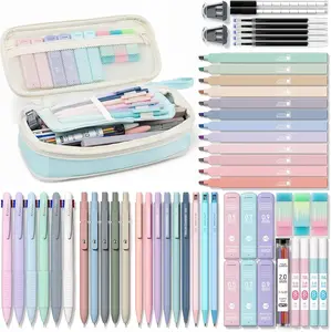 56 count Aesthetic School Supplies with Cute Pencil Case, 6 Multicolor Pen, 12 Pastel Highlighters, 5 Gel Pens Black Ink, 9 Mechanical Pencils for Student Stationary Set Preppy Stuff (Blue)