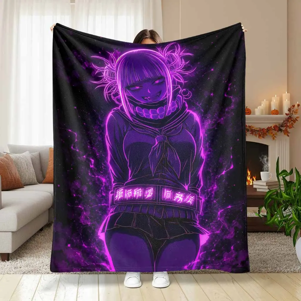 Anime Neon Purple Aesthetic Flannel Blanket Manga Girl Print Super Soft Lightweight Warm Cozy Plush Throw Bedding For Bedroom Couch Sofa Travel Outdoor Camping Gift