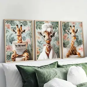 3 Pieces Funny Giraffe Floral Background Animal Art Prints, Modern Farmhouse Wall Mural, Whimsical Nature Home Art, Cute Gallery Decor, Soft Tone Painting, Wall Decor for Bathroom and Kids Room, Framed or Unframed.