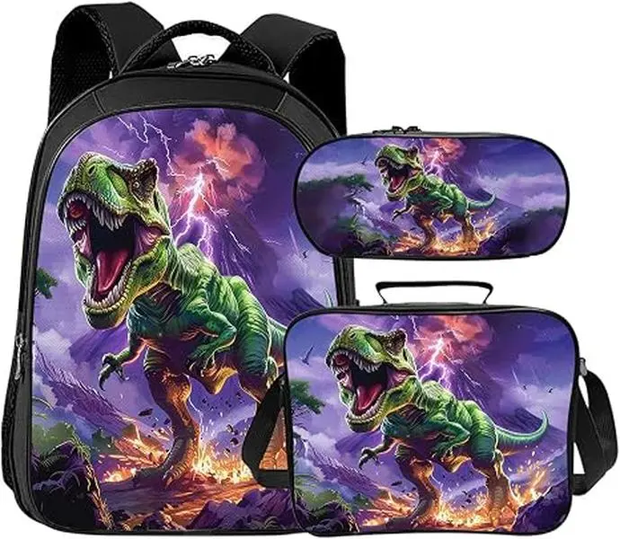 Unisex 3-Piece Kids Size Dinosaur Graphic Backpack Set, Skin-Friendly Waterproof Polyester Full Print, Ergonomic Cushioned Comfort, School Trips Outdoor Play Bag, Cute Look