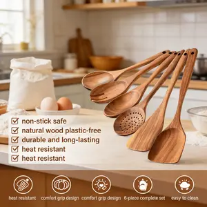 Wooden Kitchen Utensils Set 6 Pcs, Non-Stick Safe Cooking Utensils, Natural Wood Spoon Spatula Set, Heat Resistant Kitchen Tools for Home Cooking, Eco-Friendly Kitchen Gadgets, Durable Wooden Cookware Tools