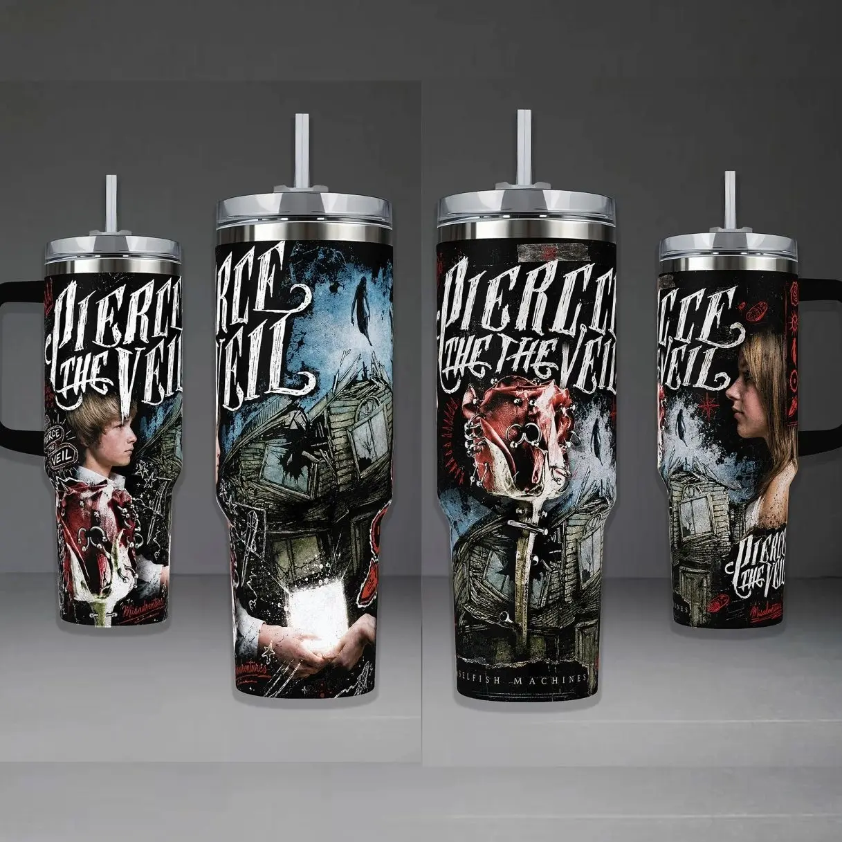 Pierce The Veil Tumbler, Post-Hardcore Band 40oz Cup with Handle & 20oz Travel Mug. Music Fan Gift, Pierce The Veil Inspired Insulated Tumbler Featuring Epic "Misadventures" & "Selfish Machines" Themed Graphic Design.