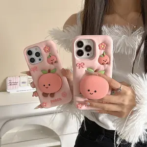 Cartoon Peach Stand Soft Silicone Protective Case for iPhone 17 16 15 14 13 Pro Max Shockproof Protective Cover Accessories