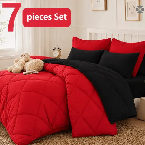 Cosybay 7pcs-Full Queen King Wrinkle-Resistant Queen Comforter Set - Soft, Lightweight, Breathable, Machine Wash Easy-Care All Seasons Bedding, Includes Bedsheet Sets (Flat Sheet, Fitted Sheet, Pillowcases) - Home Essentials