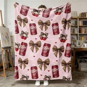 Dr Pepper Leopard Print Classic Bow Flannel Blanket - Versatile Comfortable Holiday Nap Blanket for Indoor Use on Sofas Beds Offices & Outdoor Camping