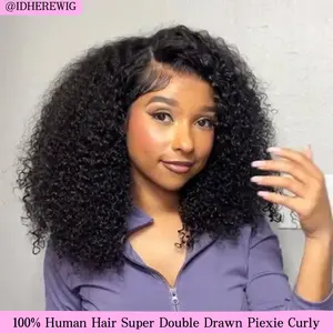 [100% Human Hair Wig] 200% Density Super Double Drawn Pixie Curly Human Hair Wigs 13X4 HD Lace Front Wigs Pre Plucked Hairline Bleached Knot Unprocessed Virgin Hair