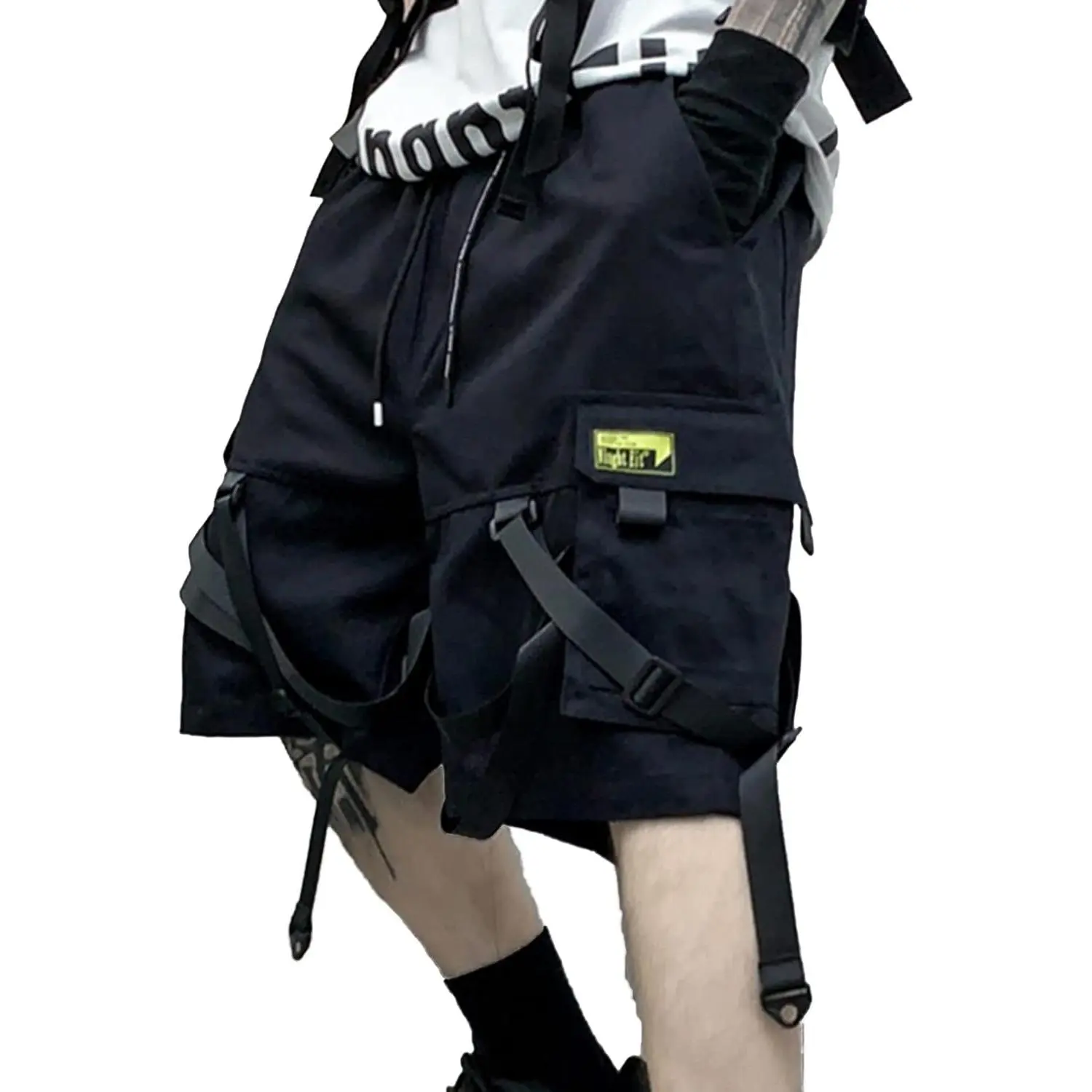 XYXIONGMAO Men's Nylon Metallic Plain Techwear Cargo Tactical Shorts - Elastic Stretchy Waist, Pockets, Gothic Hip Hop Streetwear Jogger-Inspired Casual Bottoms for Party Wear, Street Wear, Nylon Fabric