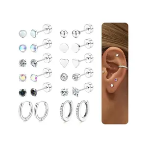 Hypoallergenic flat back earrings suitable for both men and women, surgical steel earrings and earrings, zirconia opal cardiac cartilage set, hypoallergenic back earrings