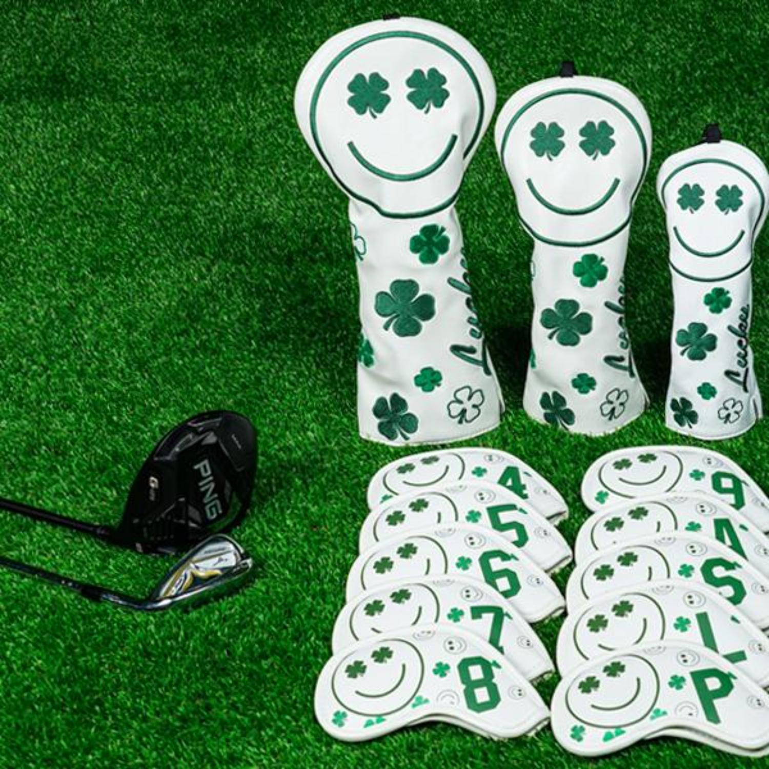 Big Teeth Golf 10Pcs Cover Clover Smile Emo Headcover Covers - Fits Irons By White Four - Leaf Clover Stylish Design for Golf Gear Protection