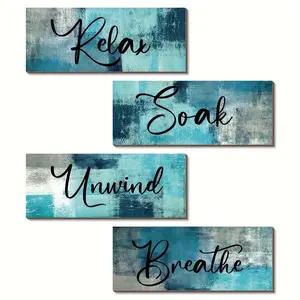 Wooden Wall Art 2D Flat-Print Set of 4 – Soaking and Relaxing Bathroom Wall Decor with Inspirational Quotes | Modern Rustic Cottage Style | Turquoise and Gray Wall Signs | Adhesive Included for Living Room, Bathroom, and Stairs Home Decor