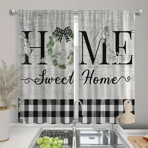2pcs Simple Gray-black, Black-and-white Checkered, Letter Print, Warm Kitchen Window, Polyester Fibe Material, Translucent Machine-washable Curtain Fabric for Kitchhen Decor. Small Window Curtains, Gingham Checkered Curtains, Plaid Print Curtains