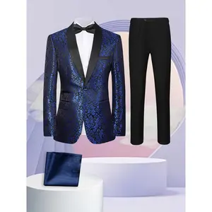 Men’s 3-Piece Jacquard Tuxedo Suit: Shawl Collar One-Button Blazer, Pants, Kerchief – Perfect for Weddings, Parties, Proms & Celebrations