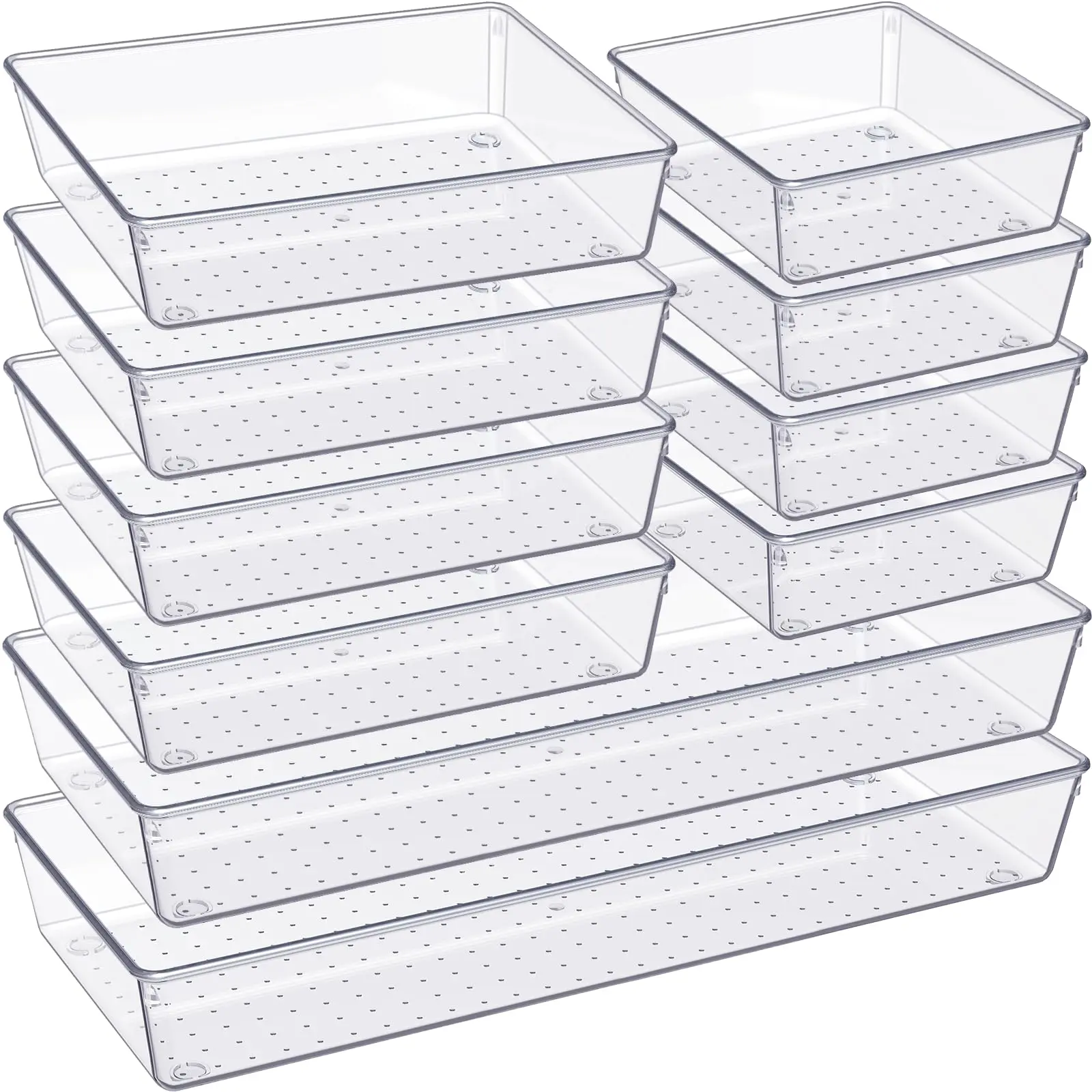 10 Pack Clear Drawer Organizer, Large Clear Plastic Set, 3 Size Versatile Bathroom and Vanity Organizer Trays, Storage Bins for Makeup, Bedroom, Kitchen Utensils