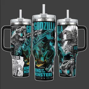 Godzilla King of the Monsters Kaiju Tumbler Cup, Blue Black Monster Full Wrap Stainless Steel Insulated Tumbler 40oz With Straw Lid Included, 40oz Handle Option