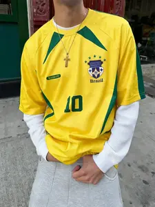 Men's Loose Fit Long Sleeve Sports T-Shirt, Letter and Number Print, Brazil National Team Style, Casual, Comfortable and Lightweight, Spring Summer Fall