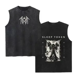 Sleep Token Unisex Cotton Vintage Washed Vest Sleep Symbol Retro Print Casual Regular Fit for Daily Wear Retro Band Style for Couples Perfect Boyfriend Gift