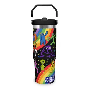 30oz Rainbow Friends Stainless Steel Tumbler - Insulated Water Bottle with Folding Straw & Handle, High-Quality Thermos Flask for Home, Office, School, Travel, TikTok Trend Drinkware, Stylish Summer Cup for Fans & Collectors