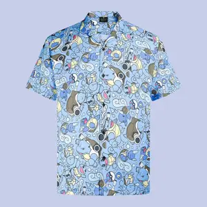 Squirtle Wartortle Blastoise Hawaiian Shirt with Pokemon Motif - Chrismast Gift for fan, him, husband - Collar, Menswear, Fabric, Loose, Wood Button Pikachu Breathable Polyester