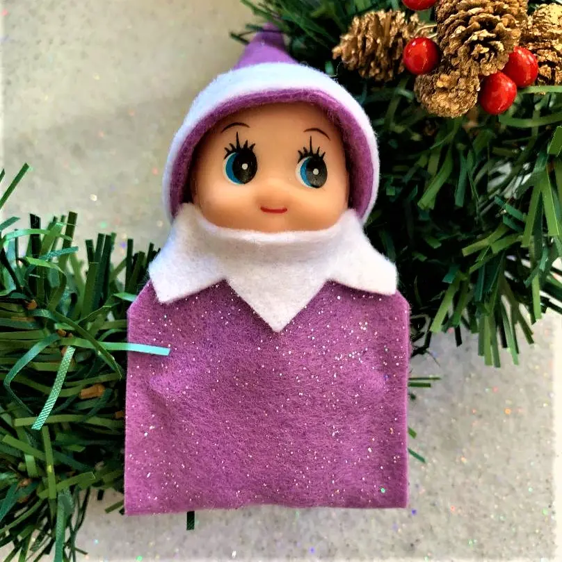 Purple Baby Elf Christmas Elf Miniature Elf Tiny Decor Gift with Ruffled Sweater and Santa Hat