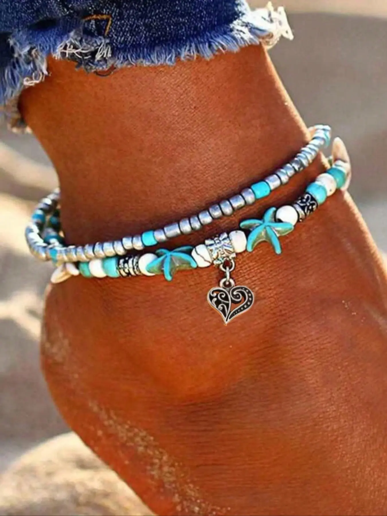 Fashion Vintage Multi-Layer Turquoise Shell Starfish Pearl Beaded Anklet, Unisex Summer Beach Vacation Accessory, Men Women Foot Jewelry