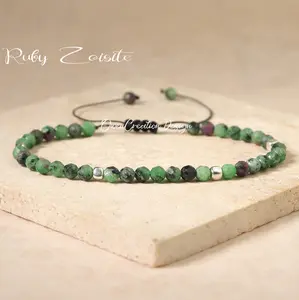 Natural Red Green Stone Bracelet Faceted Gemstone Braided Bracelet Healing Spiritual Meditation Bracelet Anxiety Stress Relief Minimalist stone bracelet Triple Protection