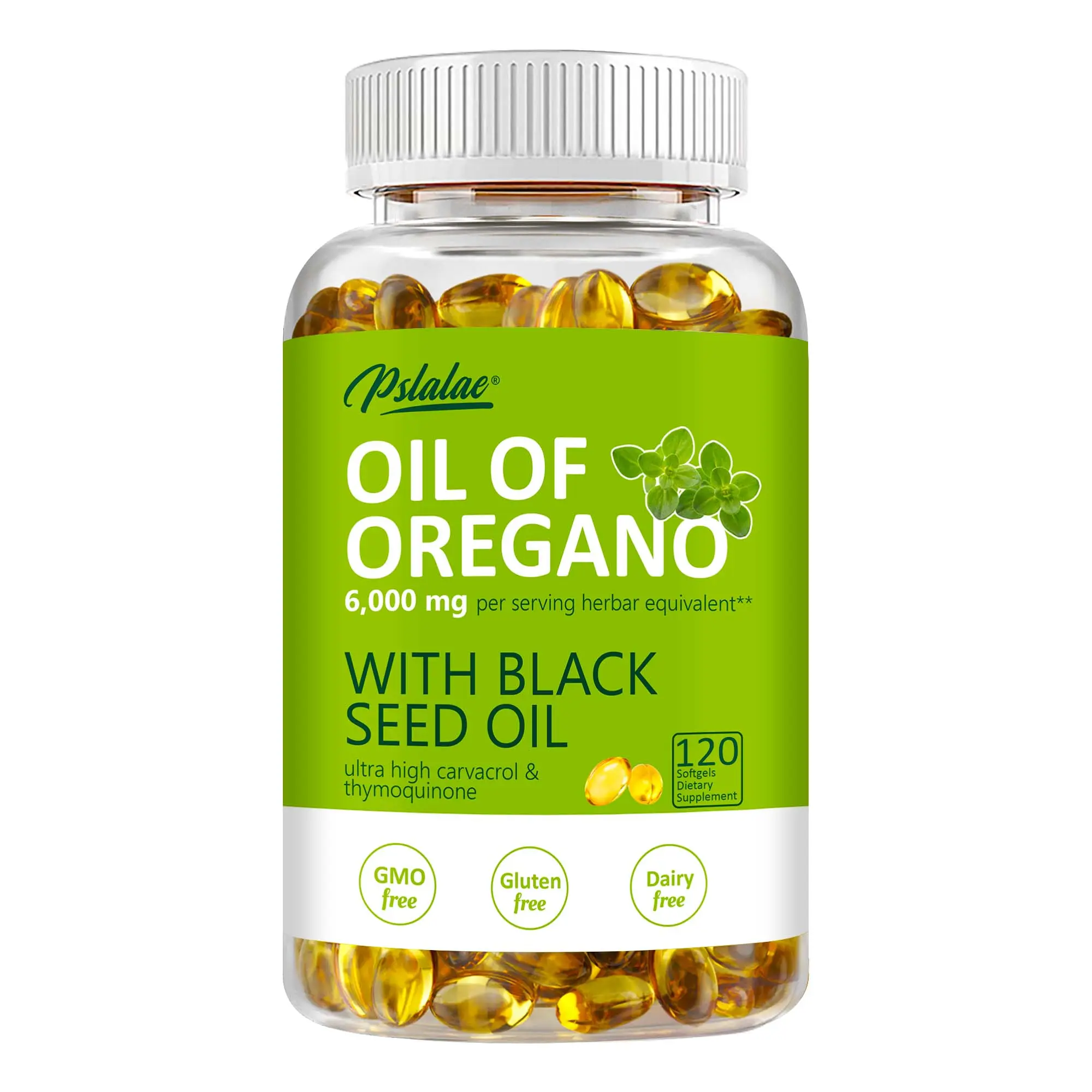 Pslalae 120 oregano oil dietary capsules, a two-in-one complex with ultra-high levels of carvacrol and thymol, containing black seed oil nutrients.