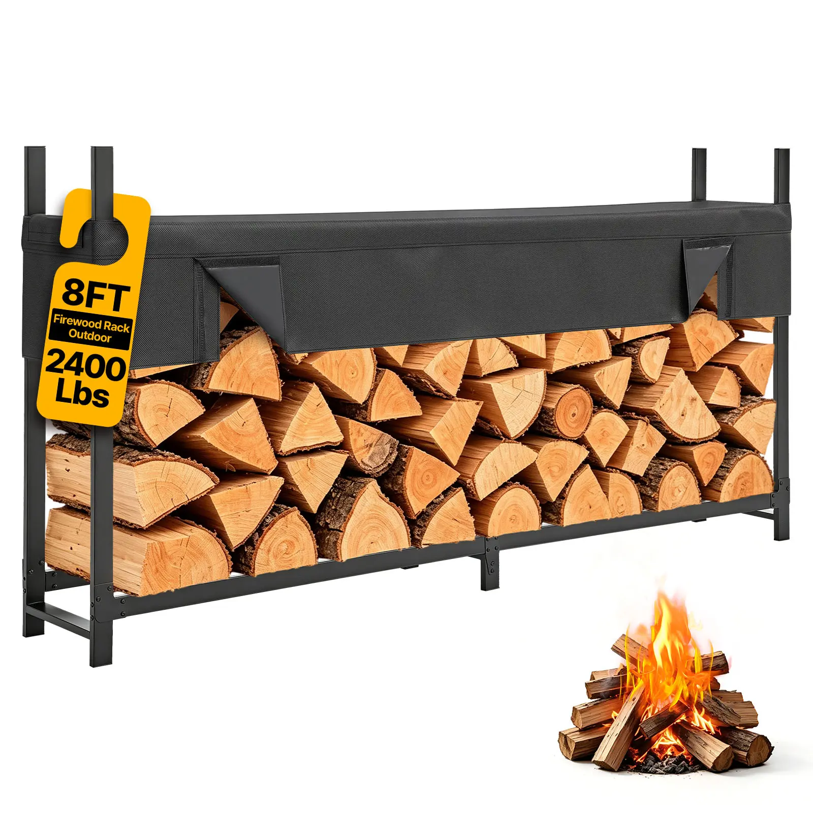 VEVOR Firewood Rack with Waterproof Cover 8ft 1/2 Cord Outdoor Wood Storage, for Fireplace Patio Deck, 2400 lbs Load Capacity Heavy Duty Fire Log Holder Stacker Stand, Metal Wood Pile Organizer, Black#BacktoSchool, Metal Frame