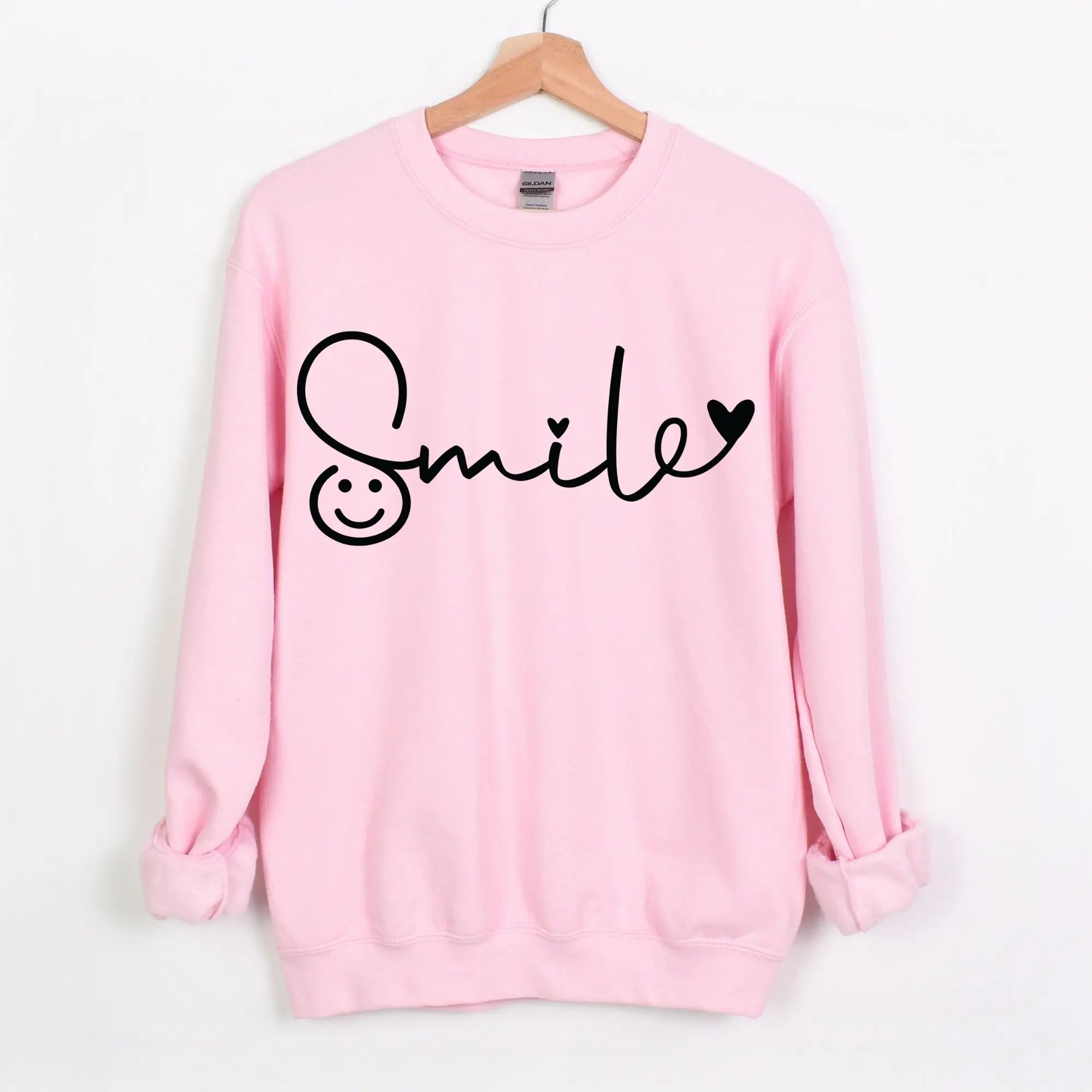 Women's Fitted Cotton Long Sleeve Blush Pink Sweatshirt - Simple Round Neck, Heart Print, Smile Motif, Comfortable Casual Everyday Tops
