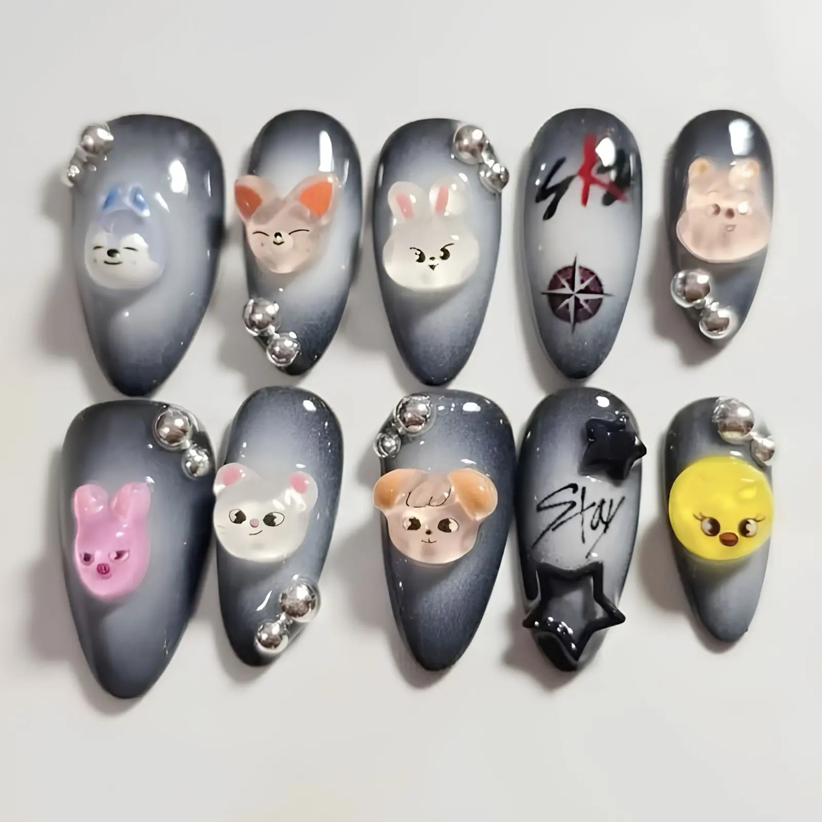 Idol Korean Inspired Press On Nails | Stray SKZ Fan Nails | 3D Animal Character Charms | Grey Aura Kpop Concert Nails | Handmade Reusable Fake Nails