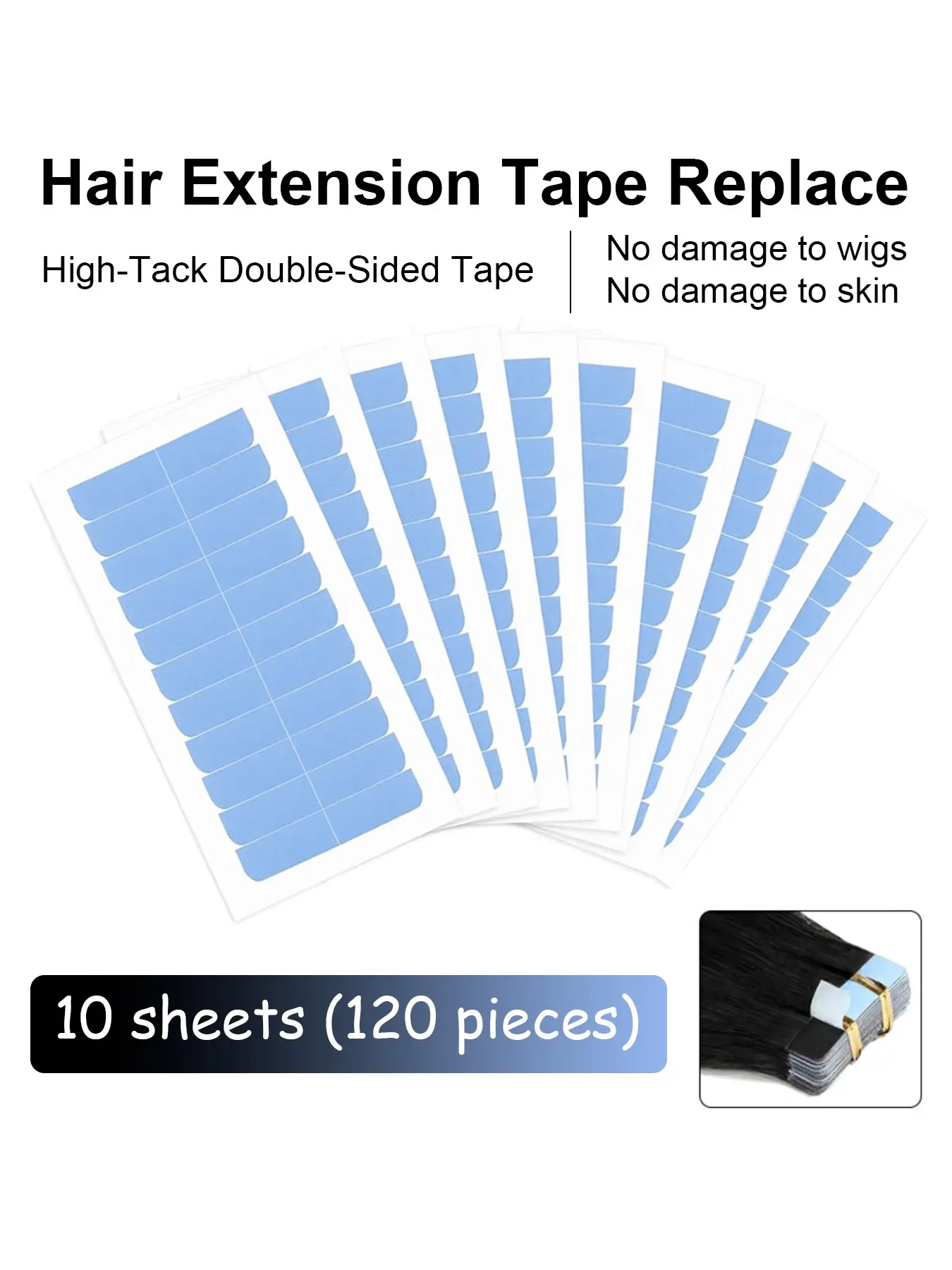 120pcs Hair Extension Tape Replacement Double Sided Strong Hair Extensions, No-Residue, Hypoallergenic, No Damage To Wigs, No Damage To Skin, 0.3 * 1.6inch Invisible Long-Time Hold