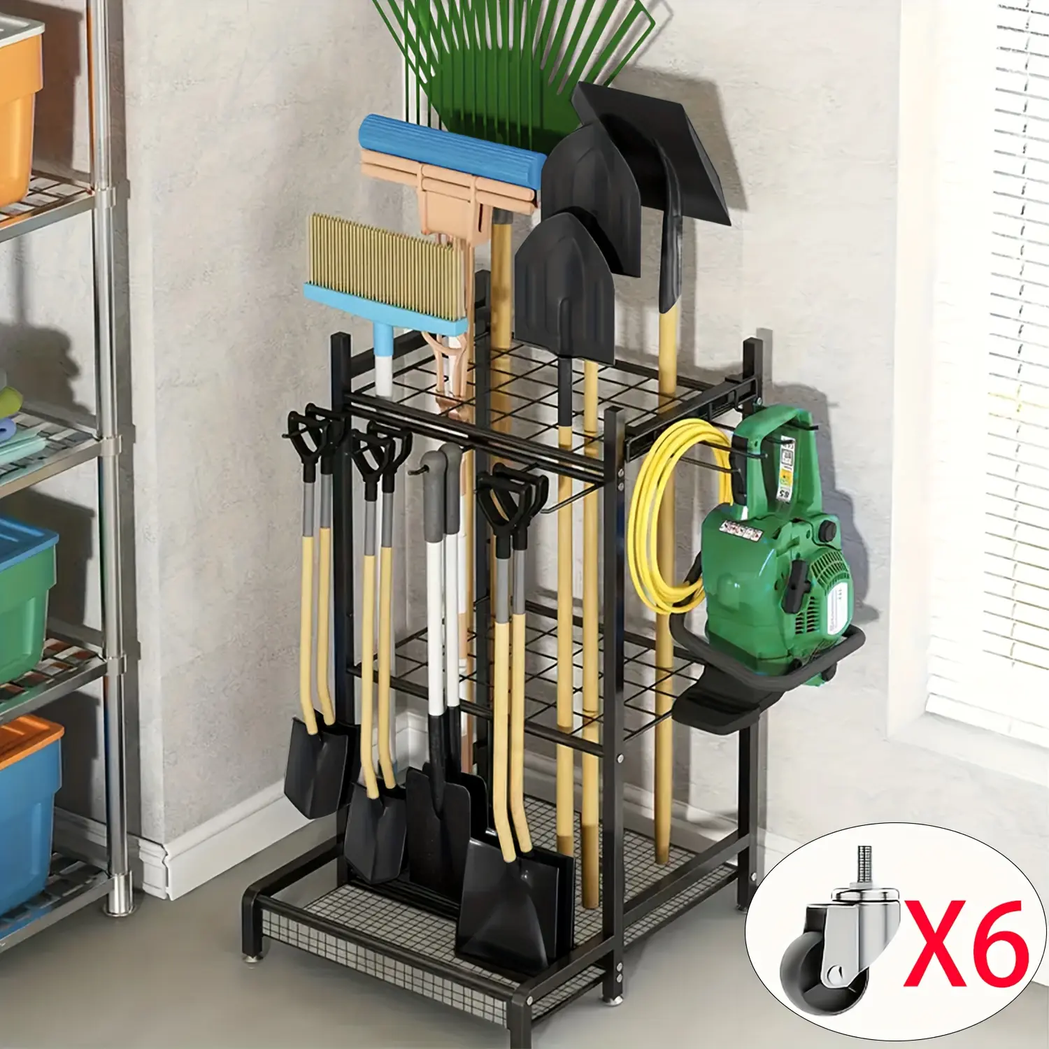 Heavy-Duty Metal Tool Holders with Hooks - Perfect for Long Handles, Brooms, Shovels & Rakes - Sturdy Storage Rack-Gifts for Men, Boyfriends, Husbands, And Partners Storage and Organization Model: upgraded version wheel 6