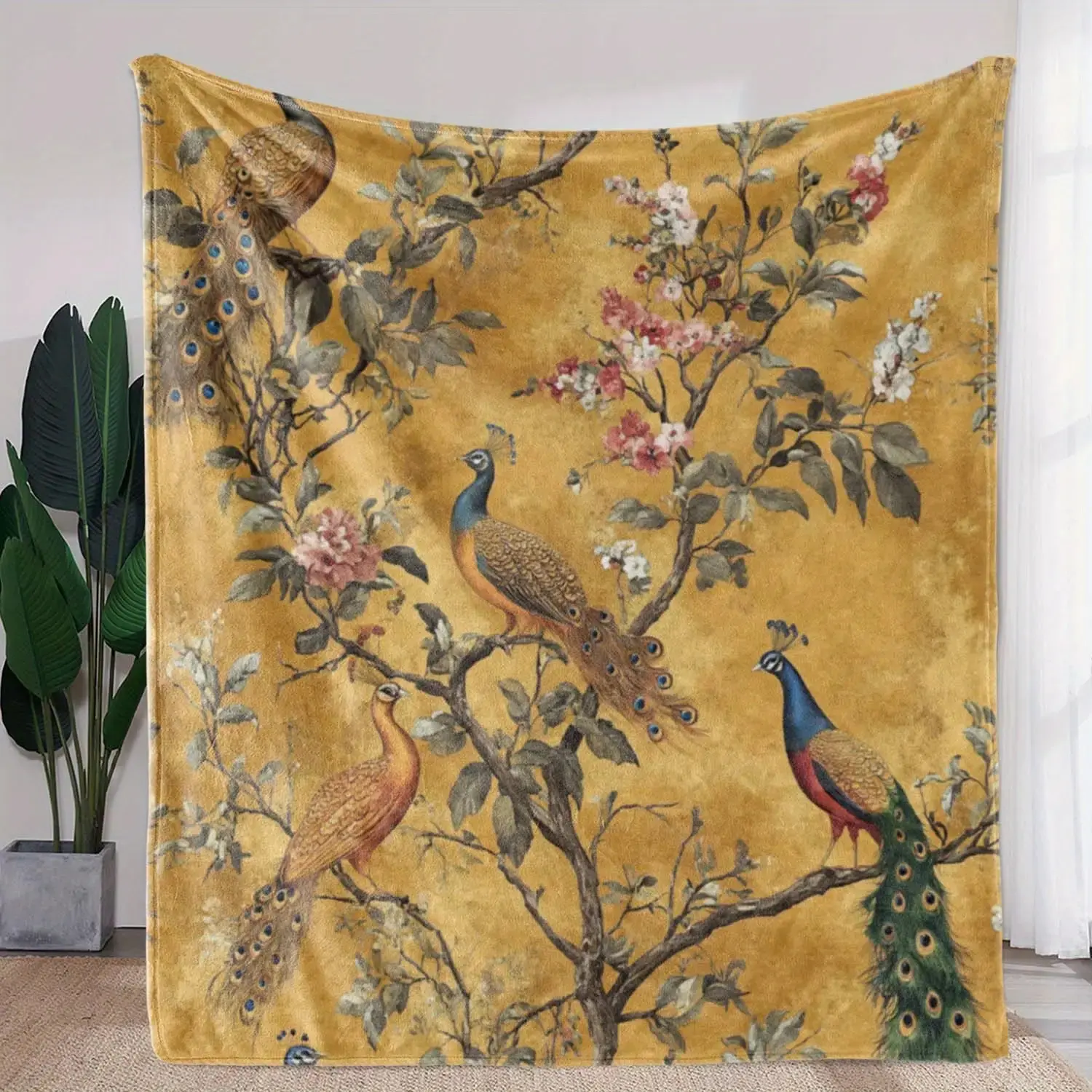 Traditional Luxury Plush Flannel Blanket - Peacock Motif Printed Fabric, Golden Mustard Yellow, Green Foliage, Brown Branches, All Seasons Use, Machine Washable, Sofa Bed Cover, Traditional Gift