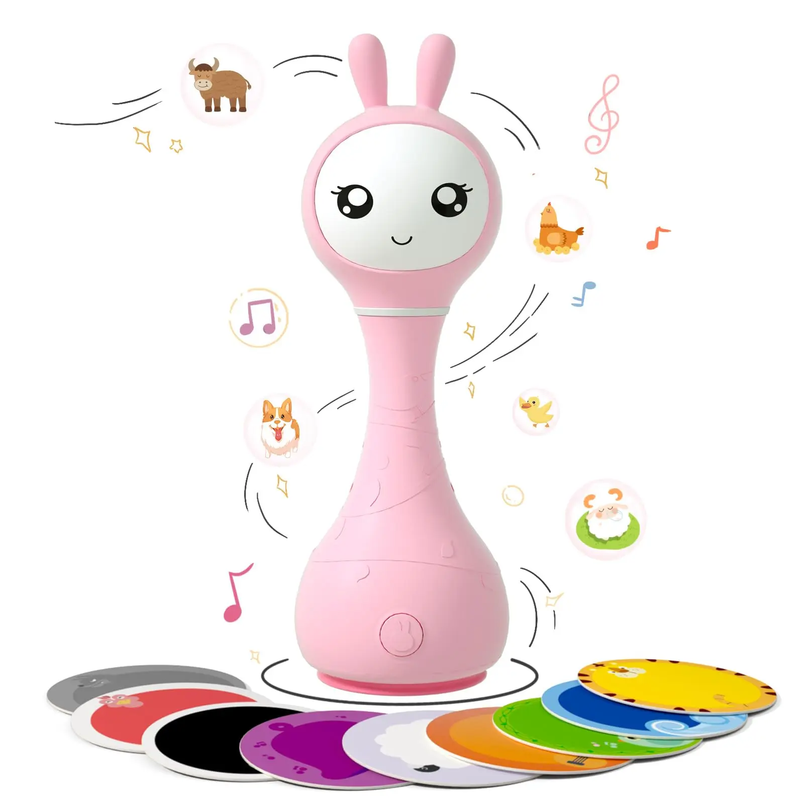 Alilo Smarty Bunny Baby Rattle - Safe Silicone Educational Language Toy, Baby Entertainment Musical Light-Up Toy for 0-24 Months Infants, 5 Music Modes, Color Recognition, Ideal Gift