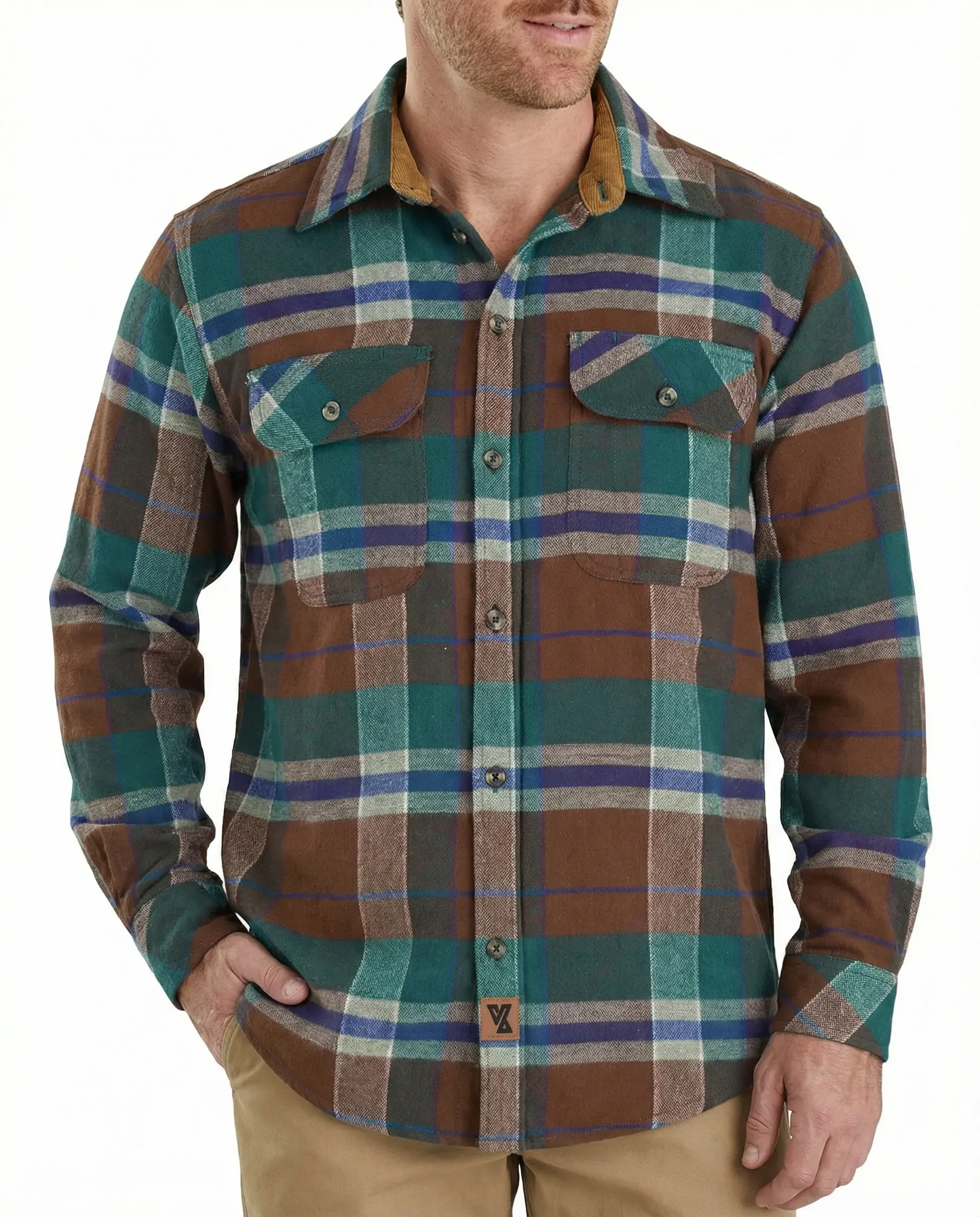 Ghost Throttle Men's Smoky Mountain Long Sleeve Plaid Button Down Casual Flannel Shirt, Corduroy Collar & Cuffs