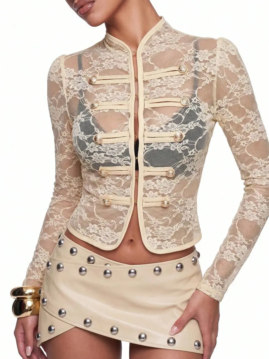 L.A CHIC Womens French Lace Sheer Double-Breasted Jacket, Elegant Long Sleeve Fitted Outerwear, Sexy Vintage-Inspired Style for Fall, Parties & Night Out