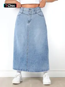 Women's Plus Size Fashion Denim Skirt, High Waist Design, Button Detail, Casual Style, All-Season Wear, Daily