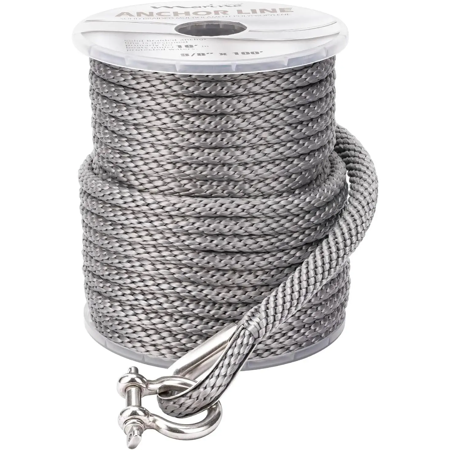 Made 3/8 Inch 50FT 100FT 150FT  Solid Braid MFP Black Gray Anchor Line Braided Anchor Rope/Line with Stainless Steel Thimble and Shackle (3/8" x50' Gray)