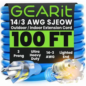 14/3 Outdoor Extension Cord 100 Feet - SJEOW - Extreme Weather Resistant - 14 Gauge 3 Prong, Blue