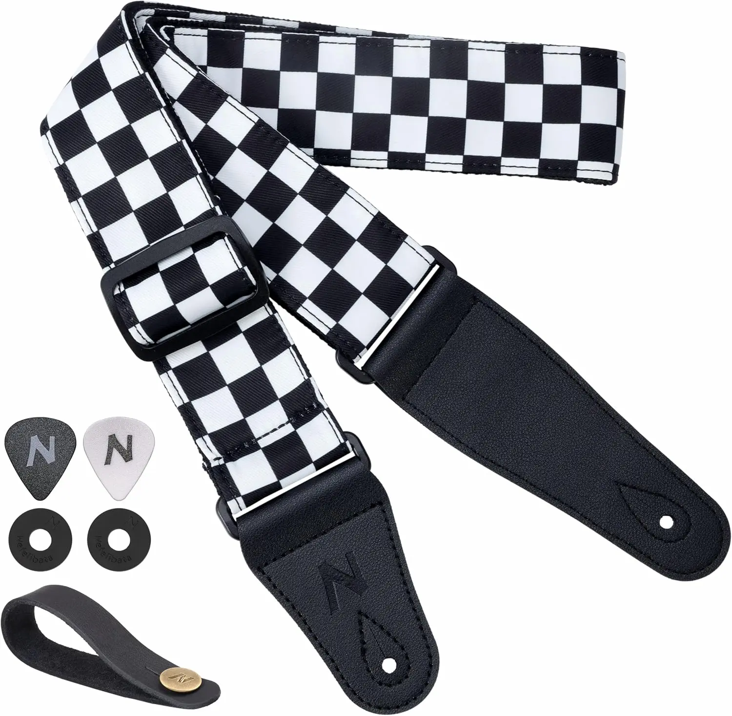Guitar Strap-2" Wide Double Layer Cotton  Design Adjustable Guitar Straps with Long Leather Ends for Bass, Electric & Acoustic,  Gifts for ,Guitarists (White Grid)