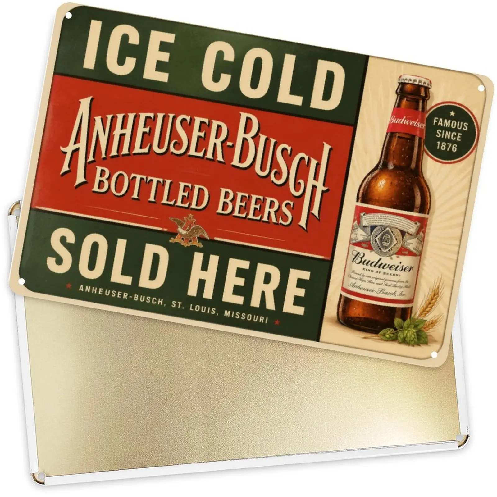Budweiser Retro Logo Ice Cold Bottled Beer Metal Tin Retro Sign - Waterproof, Anti-Rust, Pre-Drilled Wall Hang Decor Plaque with Nail for Beer Lovers' Home Bar, Garage - Fade Resistant Great Gift Home Decor Supply