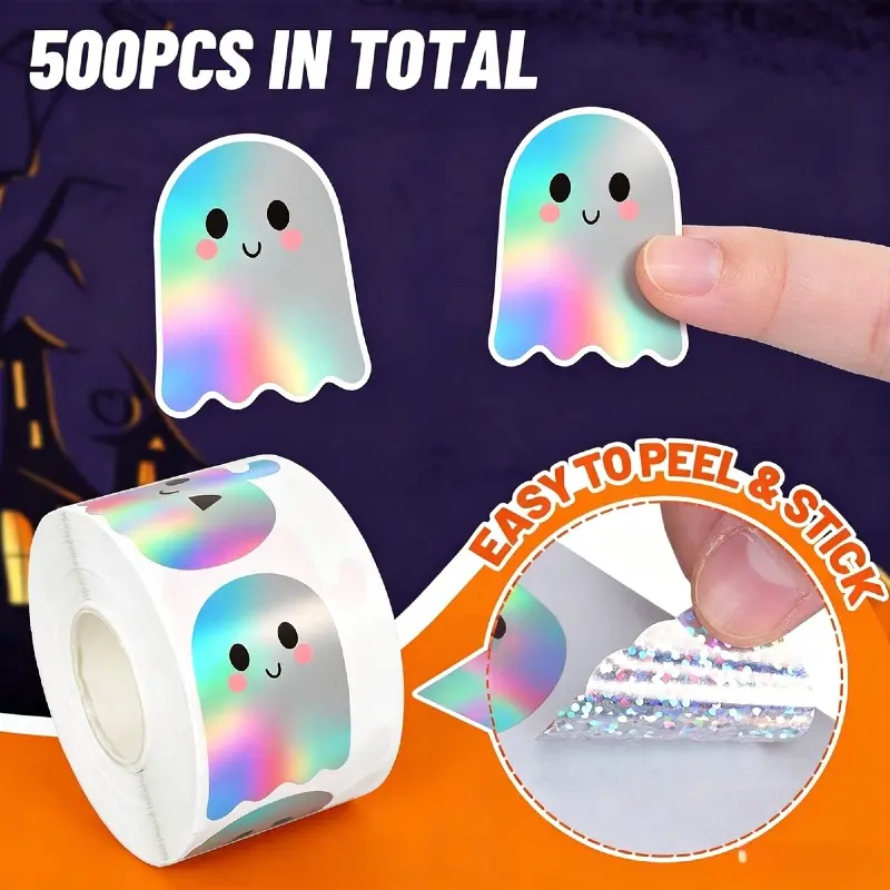 500Pcs Halloween Laser Ghost Stickers, Self-Adhesive Holiday Gift Tags, Suitable for Candy Bags, Handcrafts, Packaging and Party Decorations, Fun Craft Accessories with Classic Holiday Designs