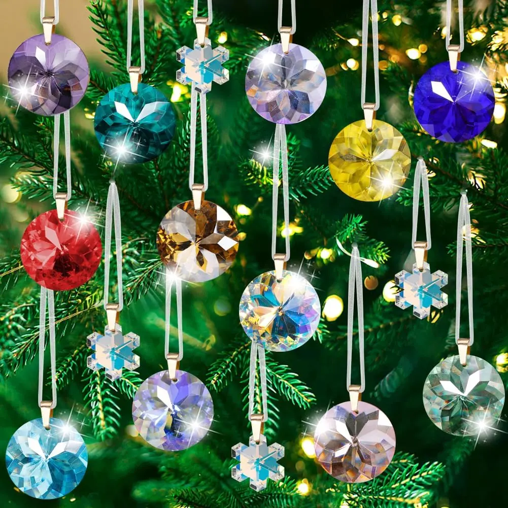 Crystal Christmas Ornaments Set, 16 Pcs Mini Colorful Crystal Glass Christmas Balls Ornaments for Xmas Tree Decorations Decorative Hanging Crystals Prism Ornaments for Wedding Party Home Decor