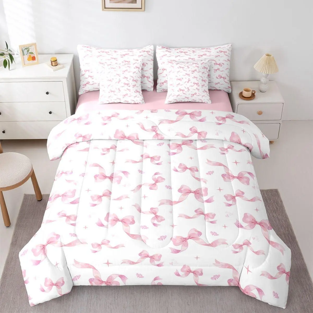 Pink Bows Comforter Set Princess Bowknot 7 Pieces Bedding Bowtie Bed Set with Sheets Dreamy Kawaii Bed in A Bag Bedroom Decor