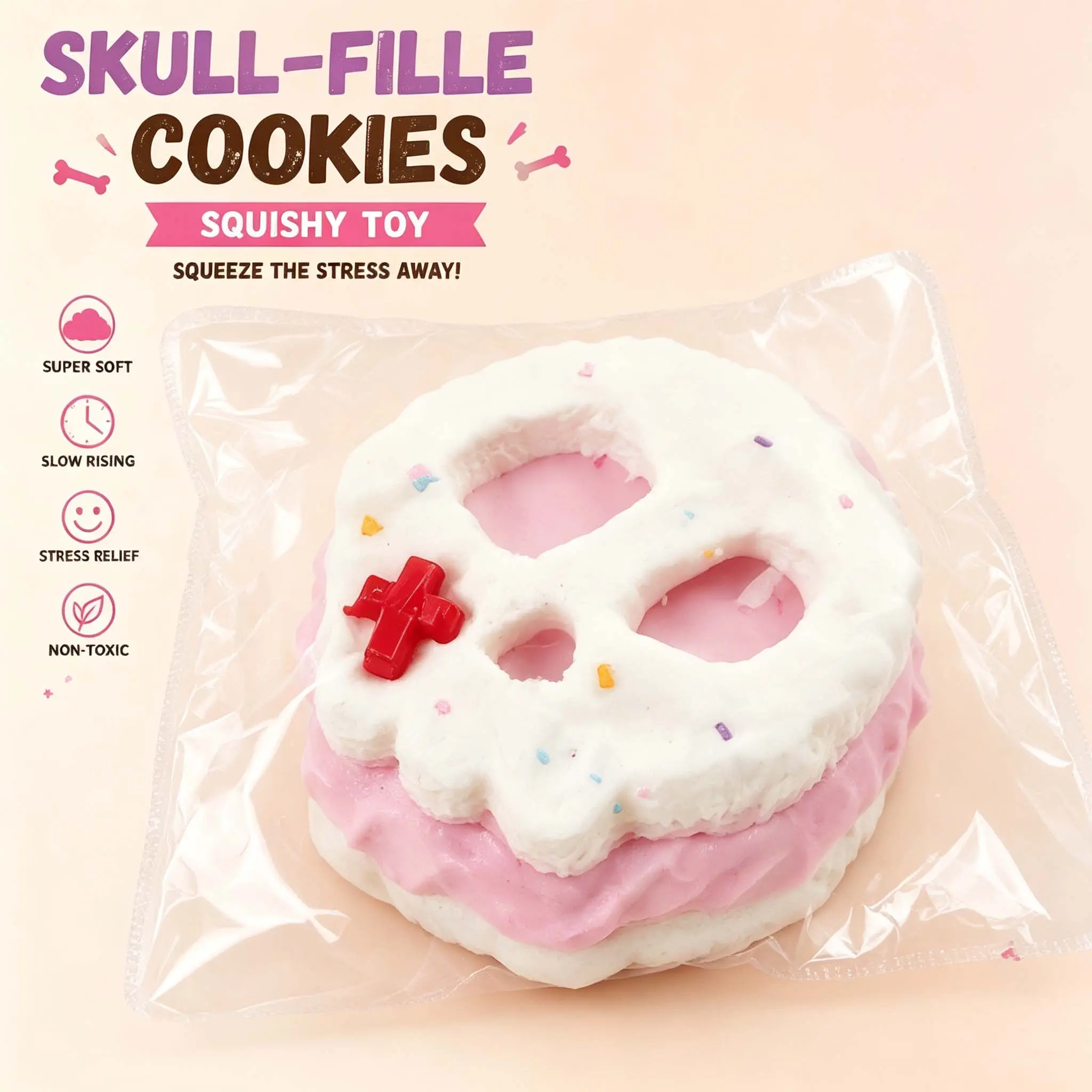 Skull-Filled Cookies Squishy Toy, Cute Skull Cookie Squeeze Toy, Halloween Slow Rising Fidget Toy, Soft Stress Relief Sensory Toy, Kawaii Gift for Kids & Adults
