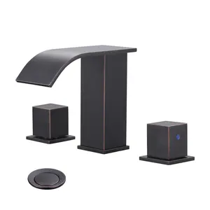 WOWOW Decorative Vintage Oil Rubbed Bronze 8-in Widespread 3-Hole Waterfall Bathroom Faucet - Stainless Steel 2-Handle Sink Faucet with Quick Install, Temperature Control, Popup Drain, cUPC Supply Lines